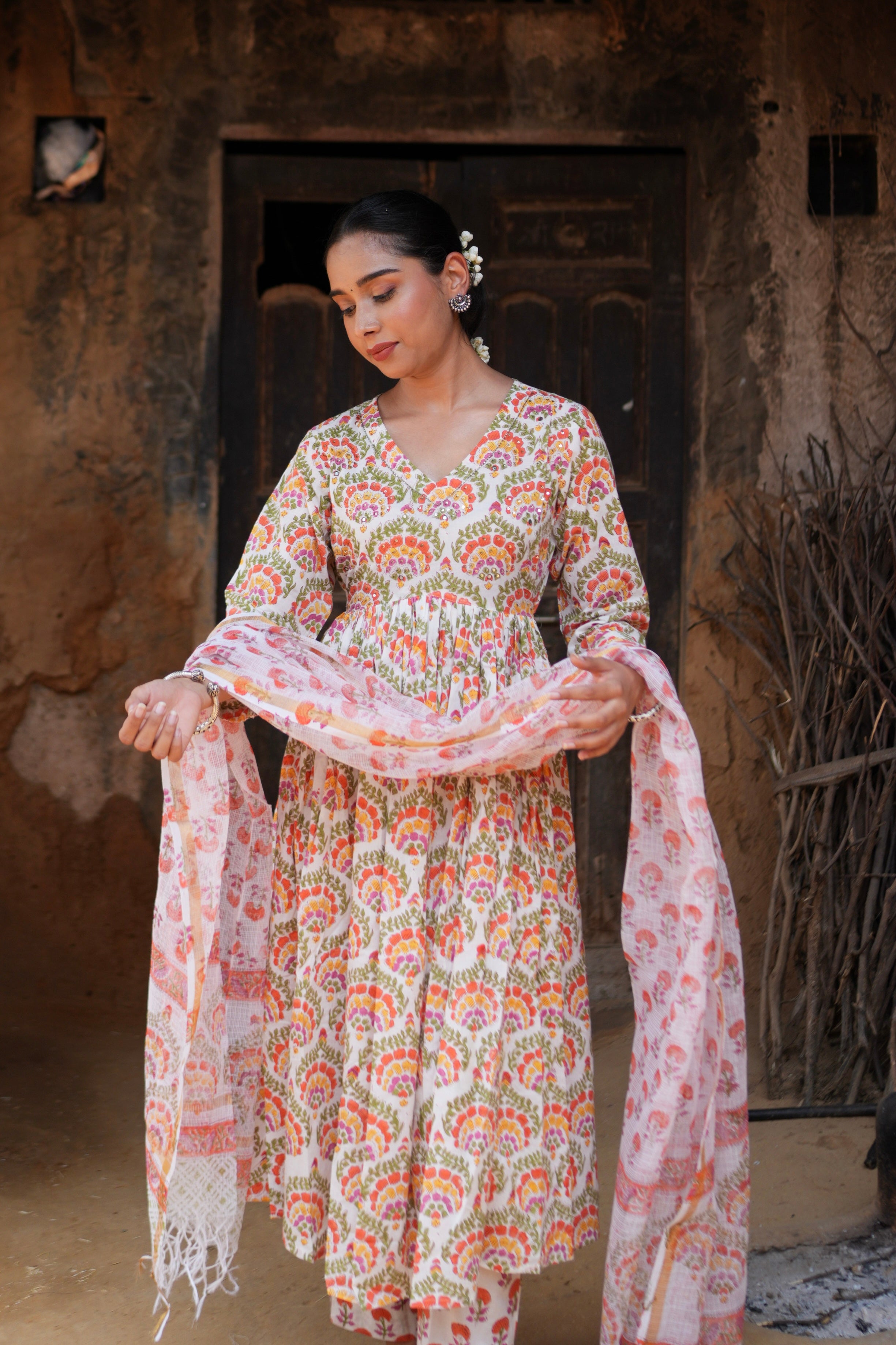 Elegant Handblock Print Cotton Anarkali Kurti for Casual Festive Wear