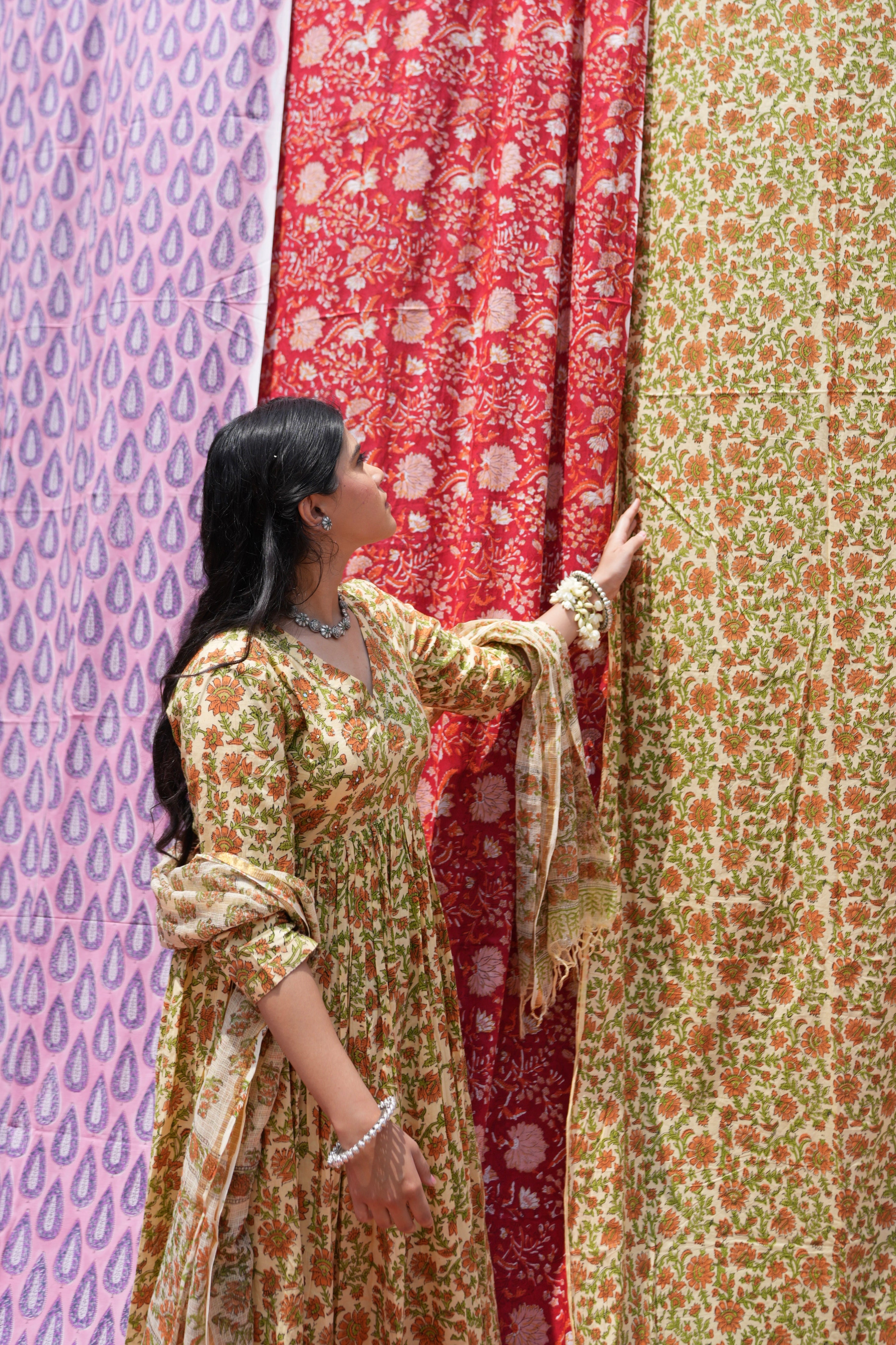 Handblock Cotton Anarkali Kurti – Elegant, Comfortable, Casual to Festive