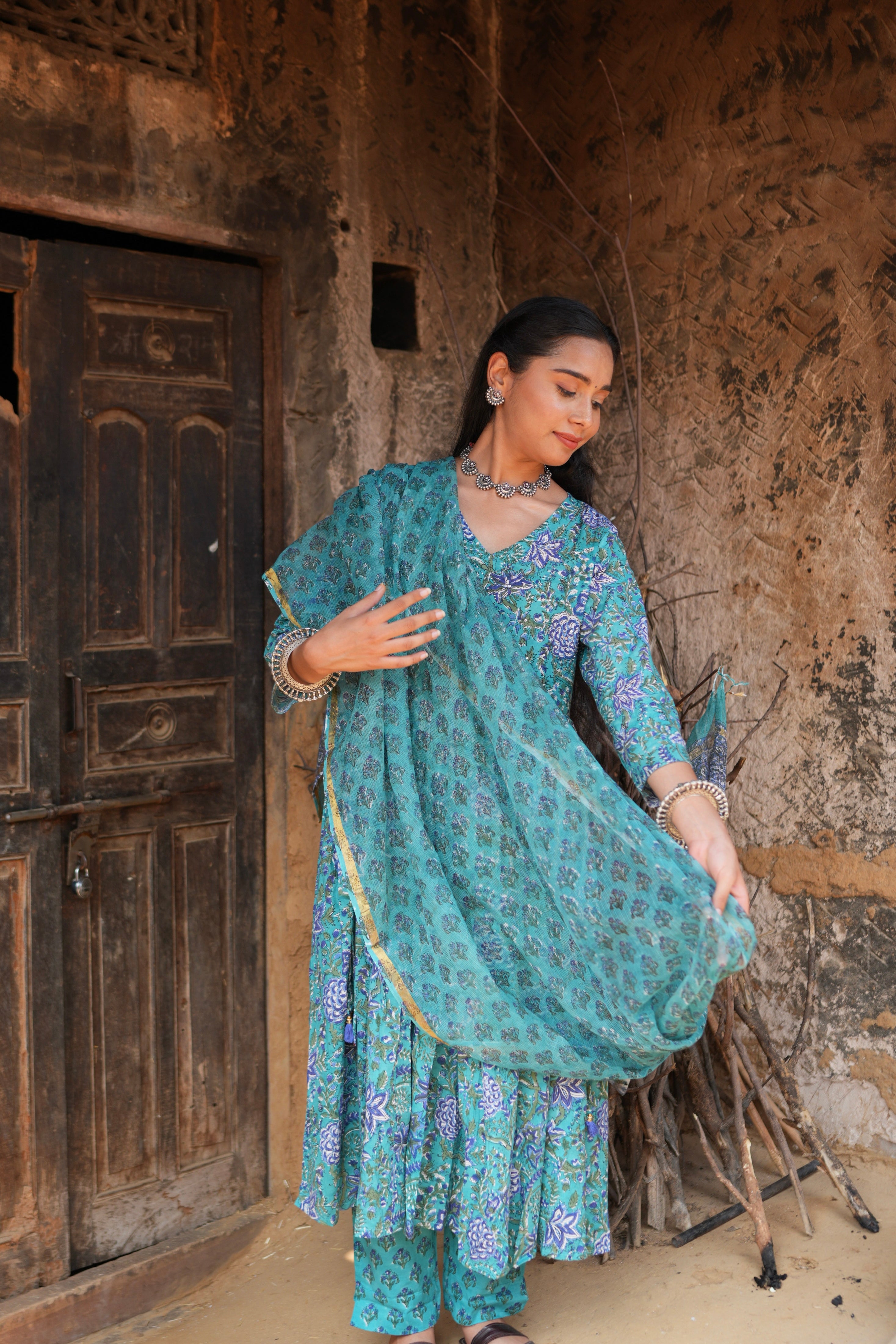 Flowy Handblock Cotton Anarkali Kurti – Elegant Casual Festive Style