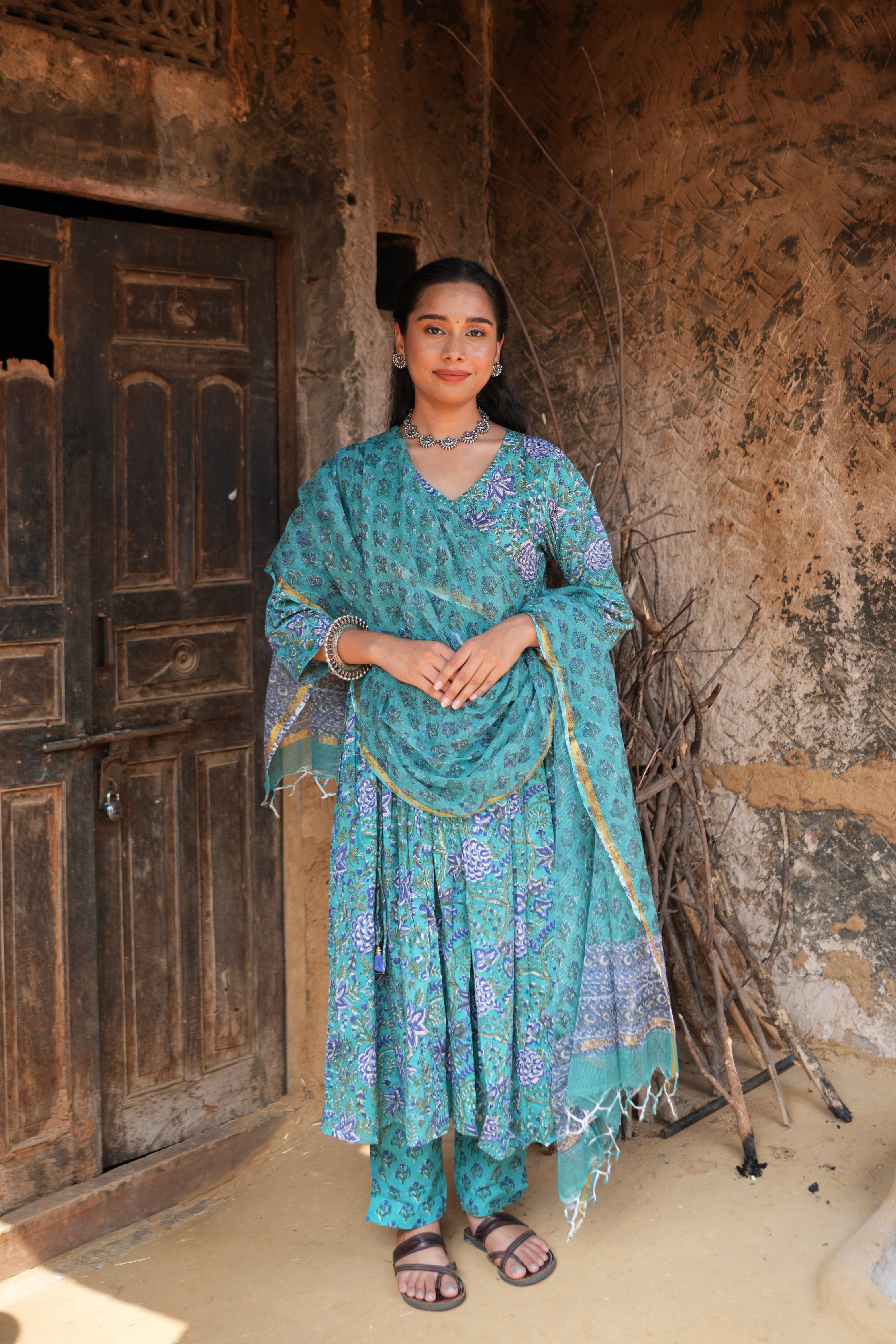 Flowy Handblock Cotton Anarkali Kurti – Elegant Casual Festive Style
