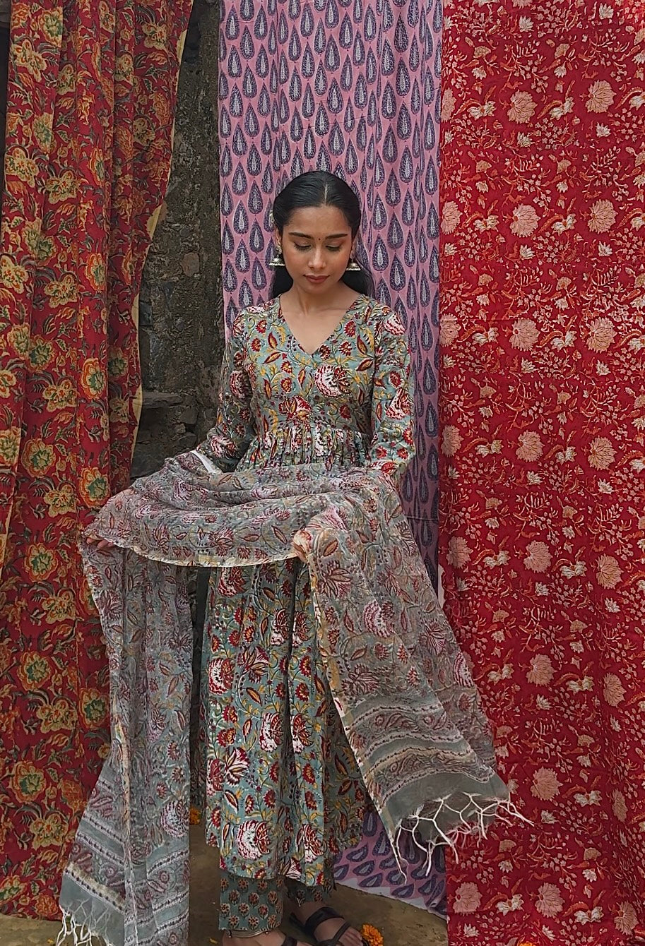 Handblock Cotton Anarkali Kurti – Comfortable, Elegant Casual and Festive Wear