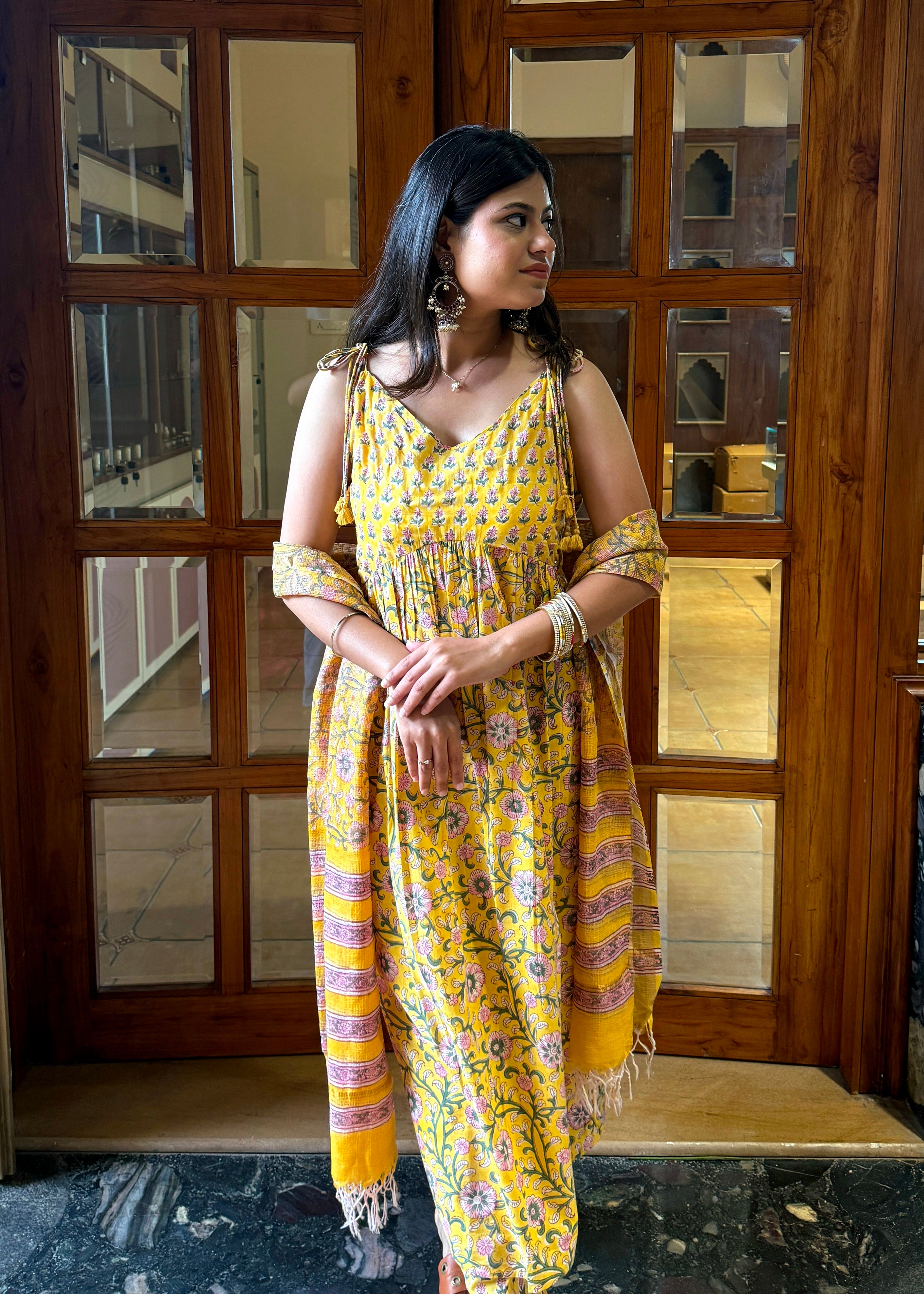 Sunflower Yellow Handblock Kurta Set with Elegant Cotton Dupatta