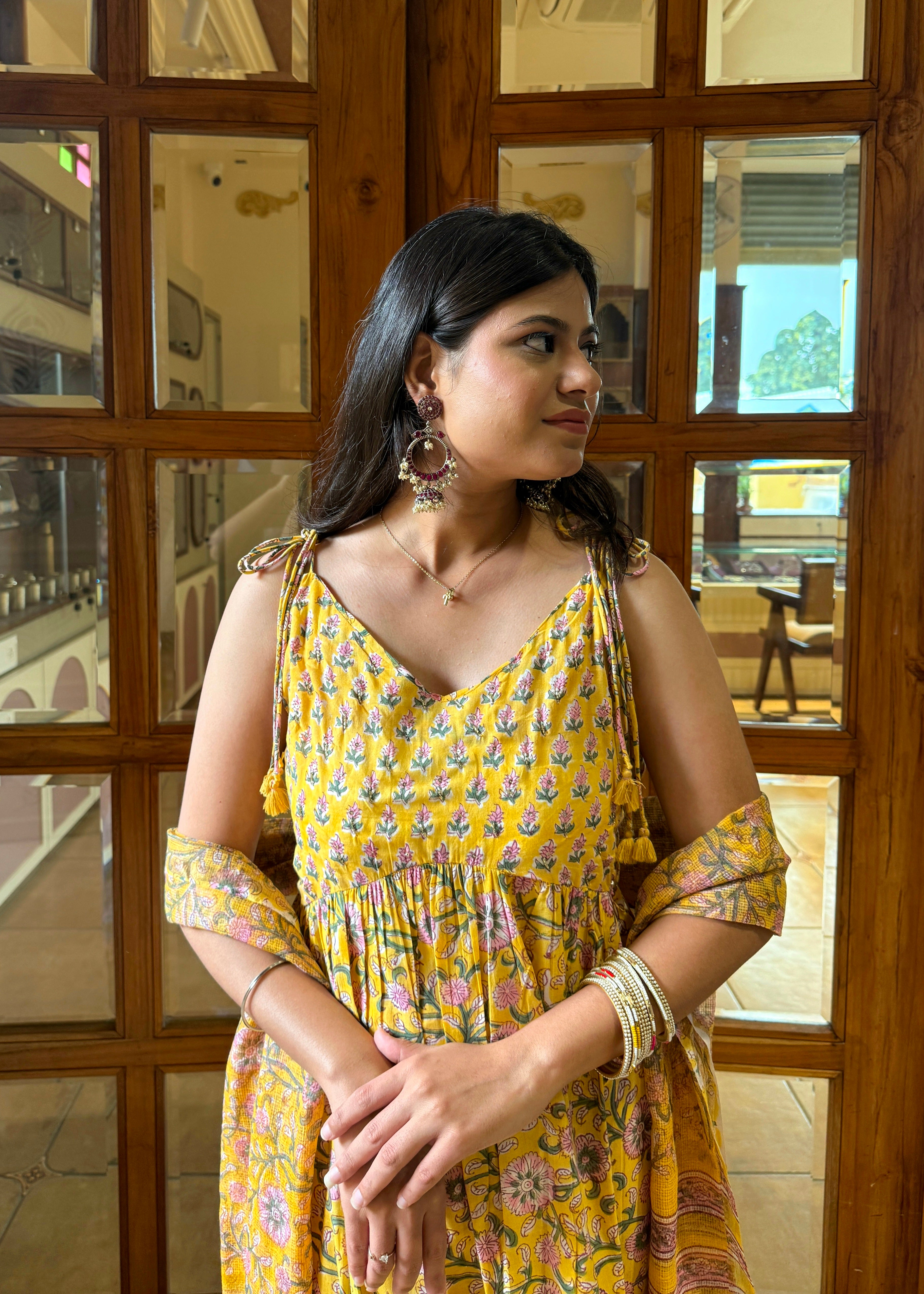 Sunflower Yellow Handblock Kurta Set with Elegant Cotton Dupatta