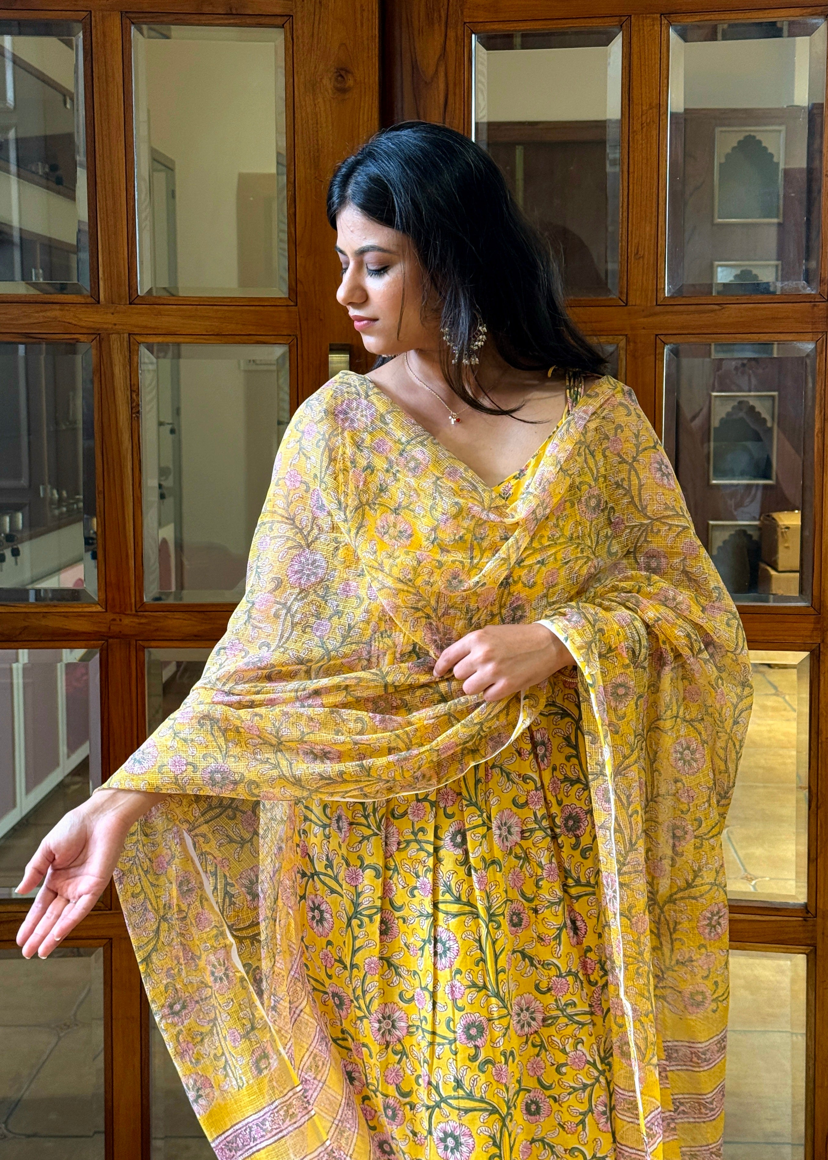 Sunflower Yellow Handblock Kurta Set with Elegant Cotton Dupatta