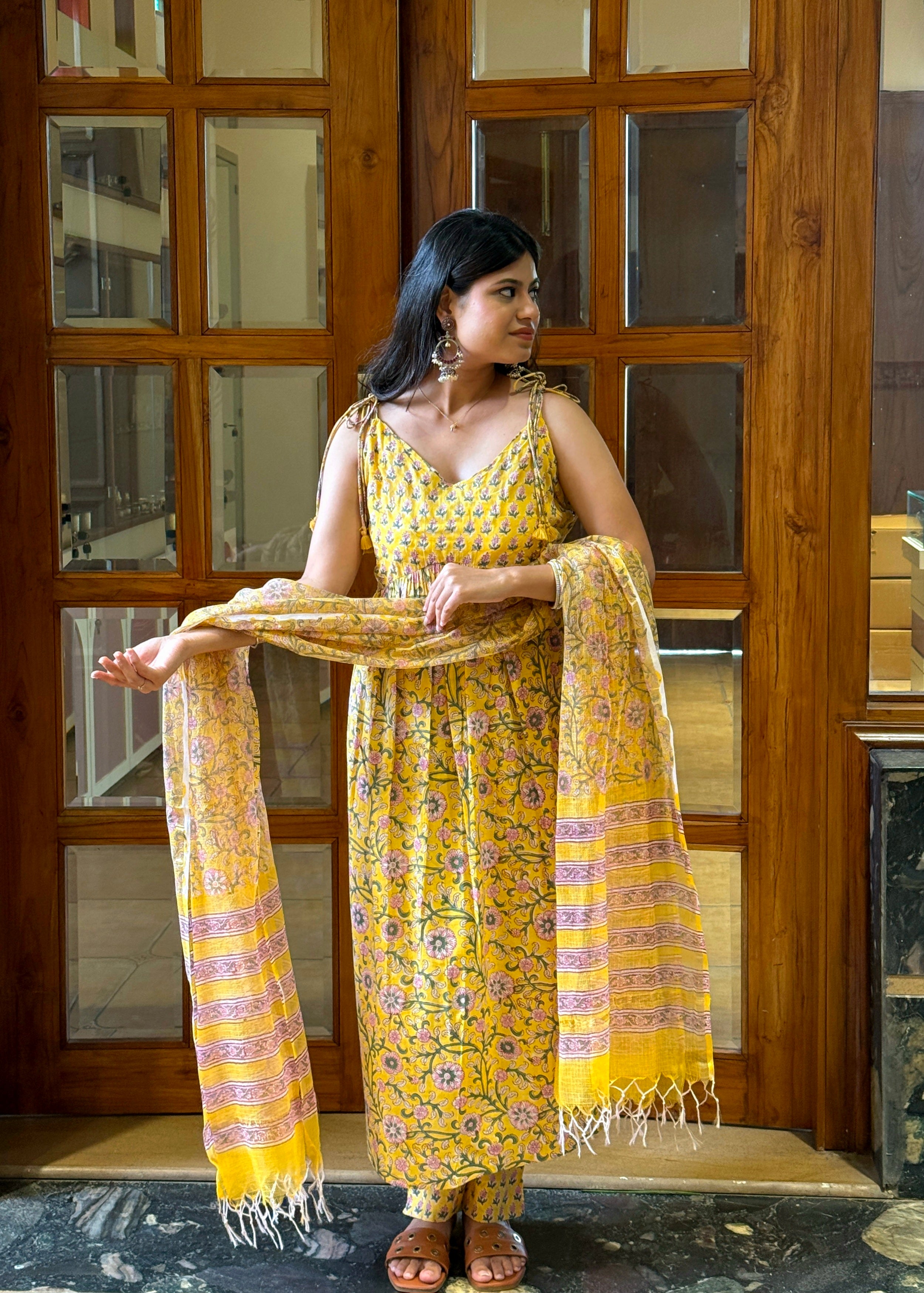 Sunflower Yellow Handblock Kurta Set with Elegant Cotton Dupatta