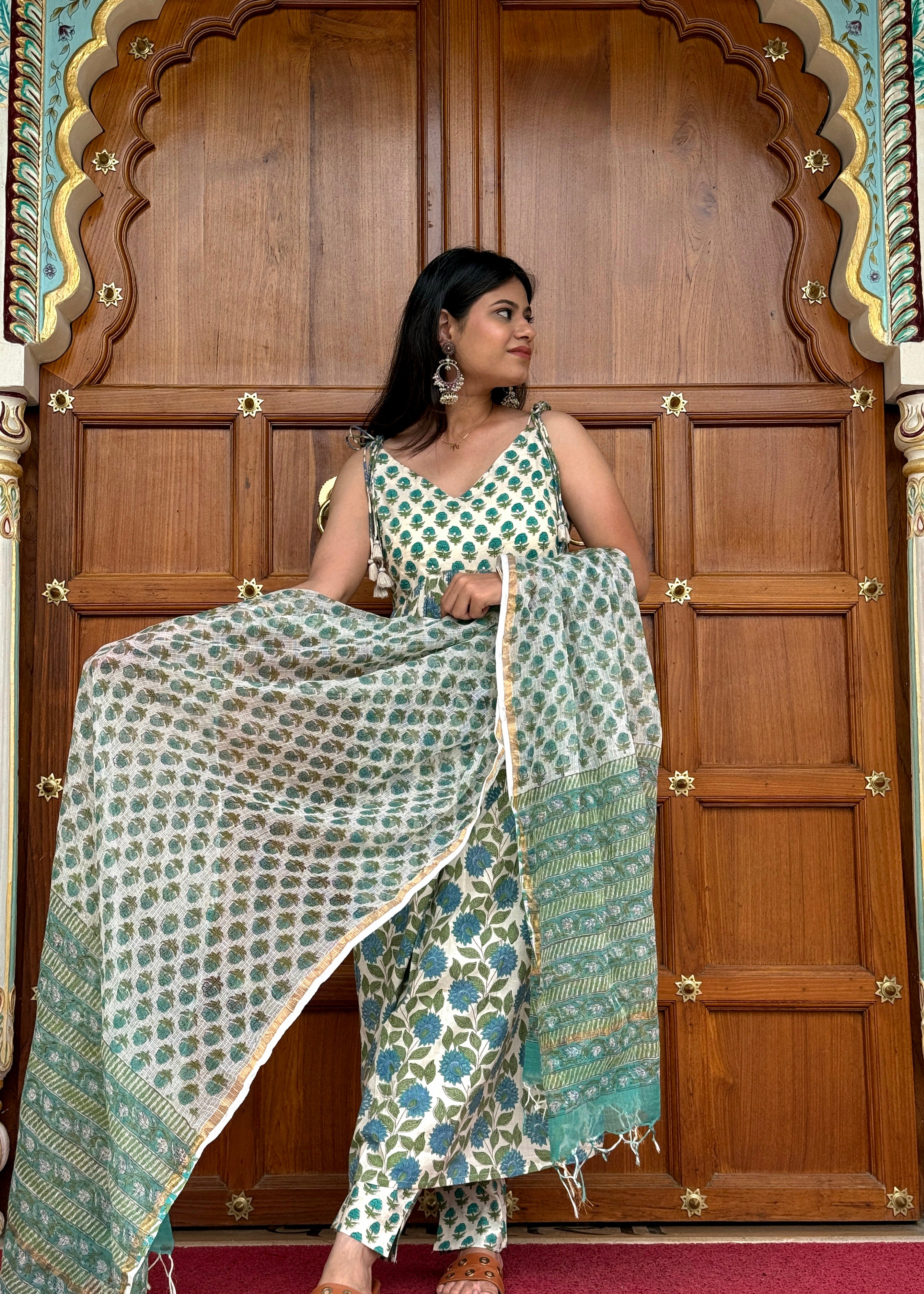 Cream Floral Handblock Kurta Set with Delicate Cotton Dupatta