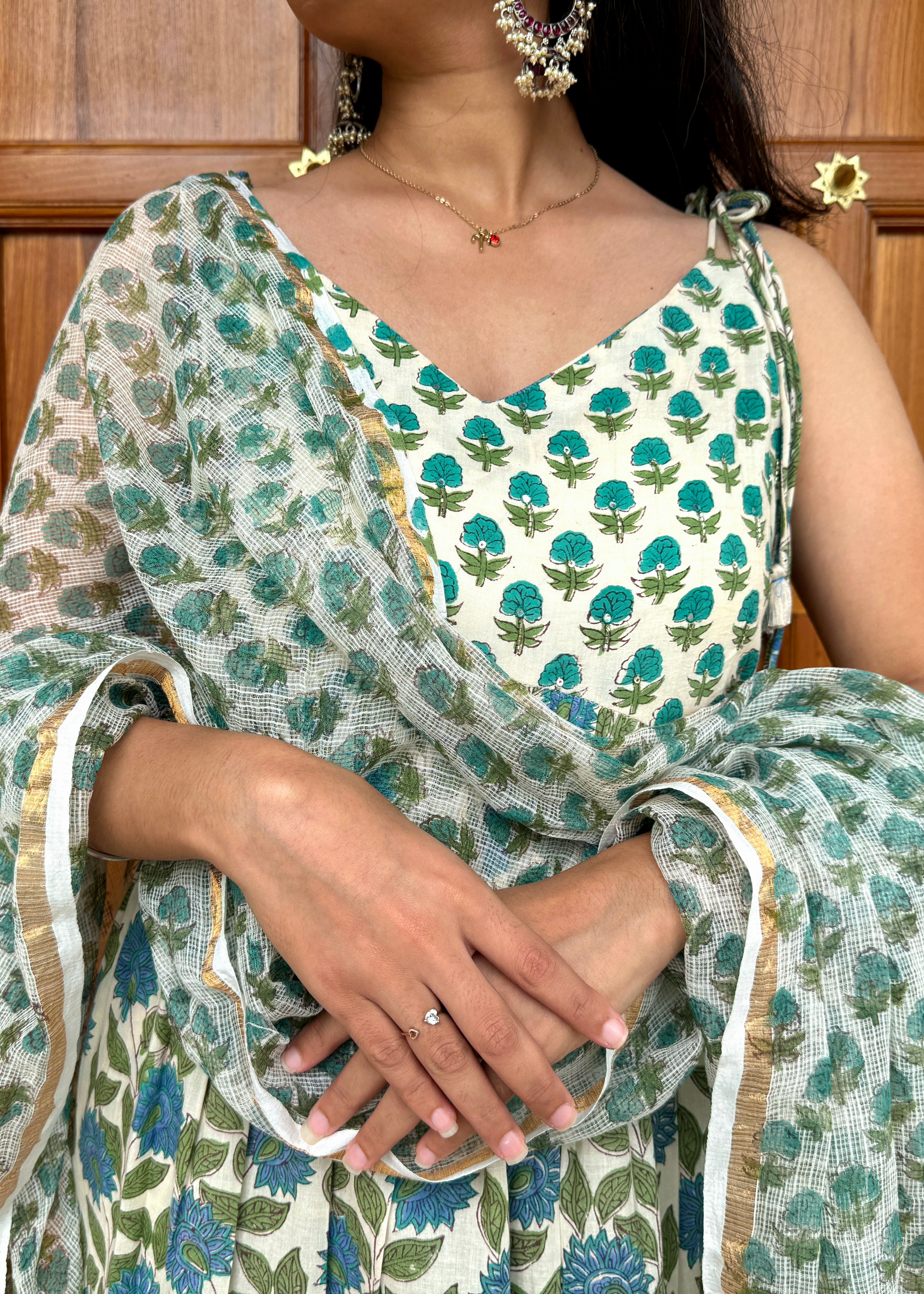 Cream Floral Handblock Kurta Set with Delicate Cotton Dupatta