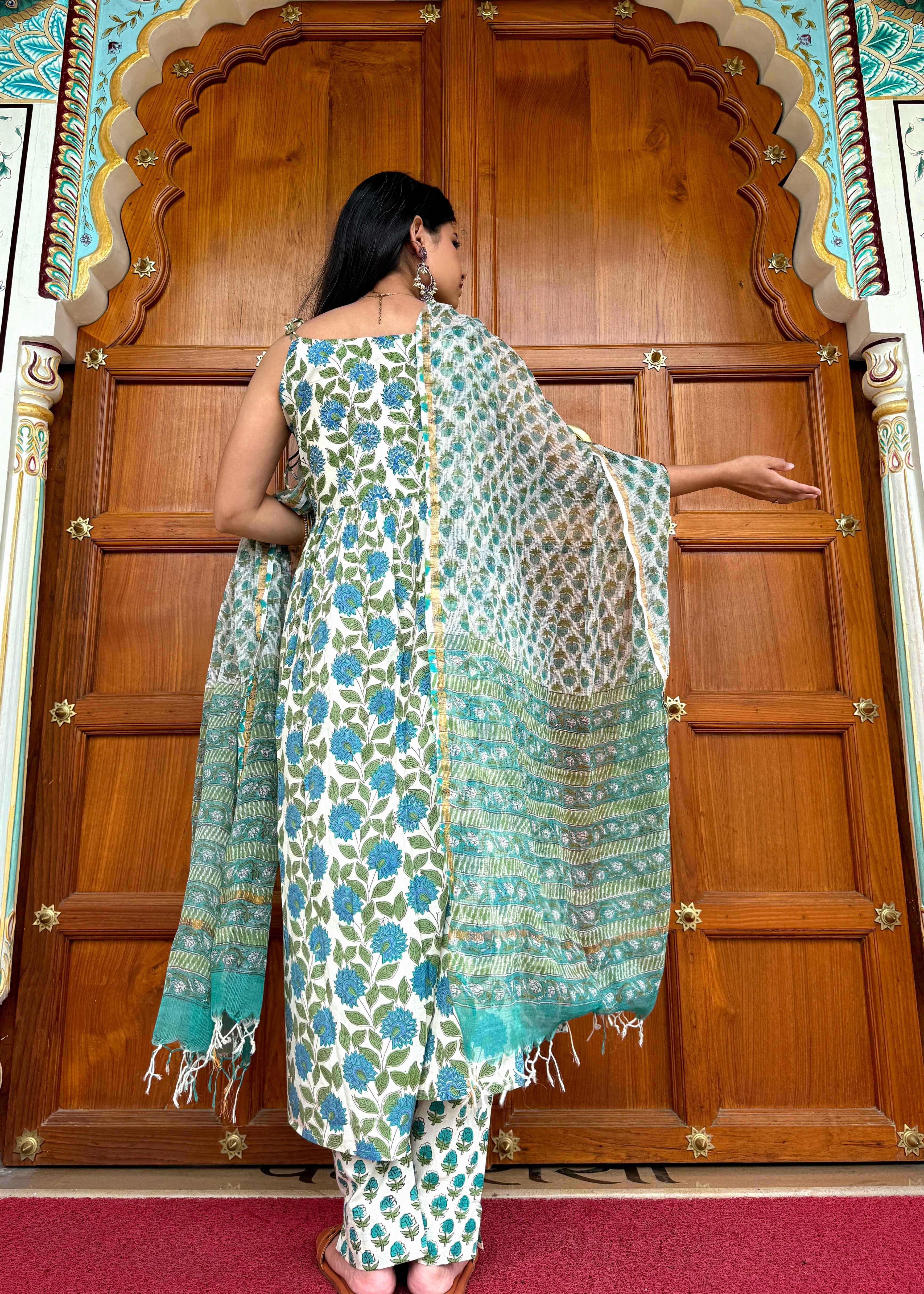 Cream Floral Handblock Kurta Set with Delicate Cotton Dupatta