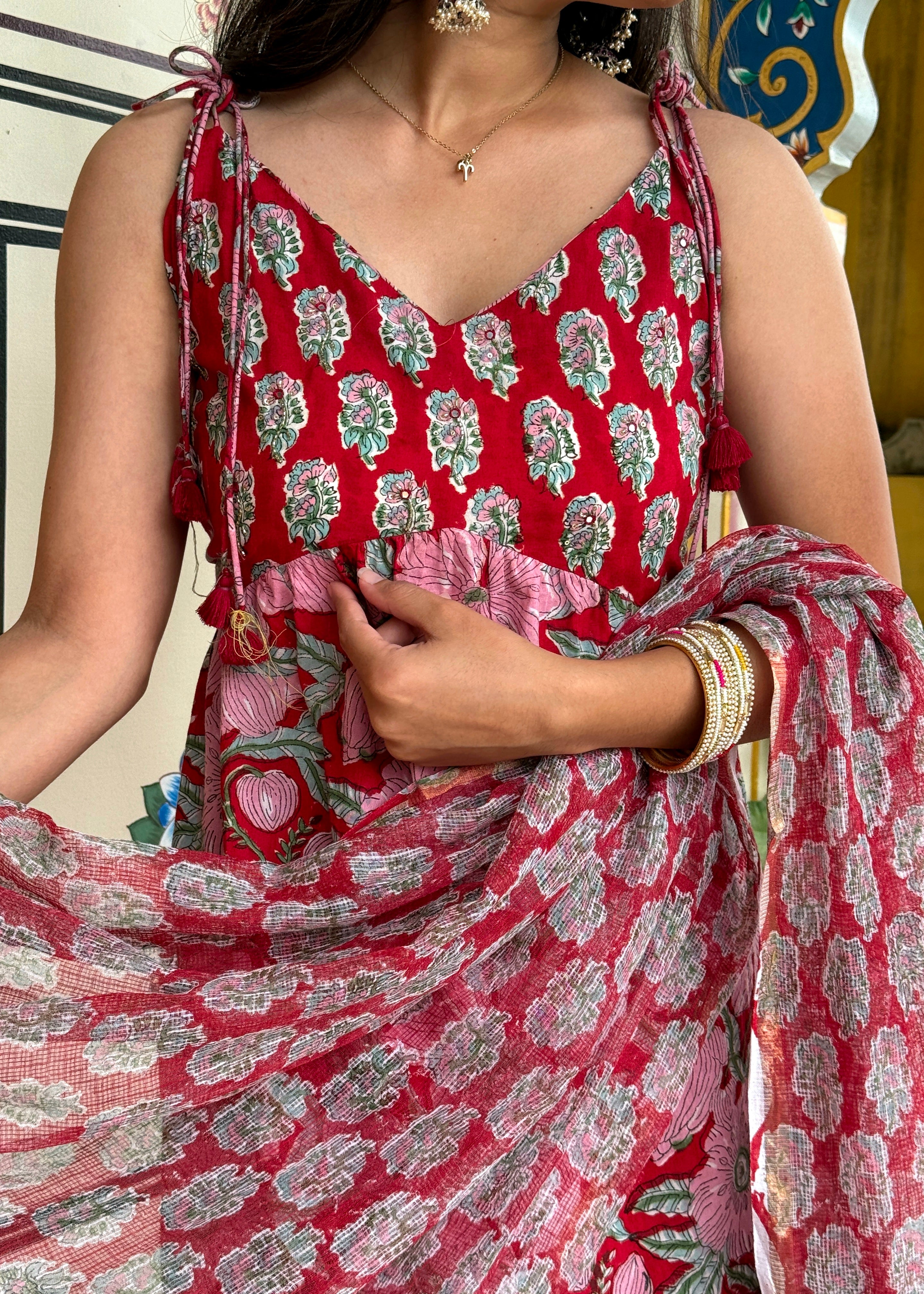 Blood Red Handblock Kurta Set with Timeless Cotton Dupatta