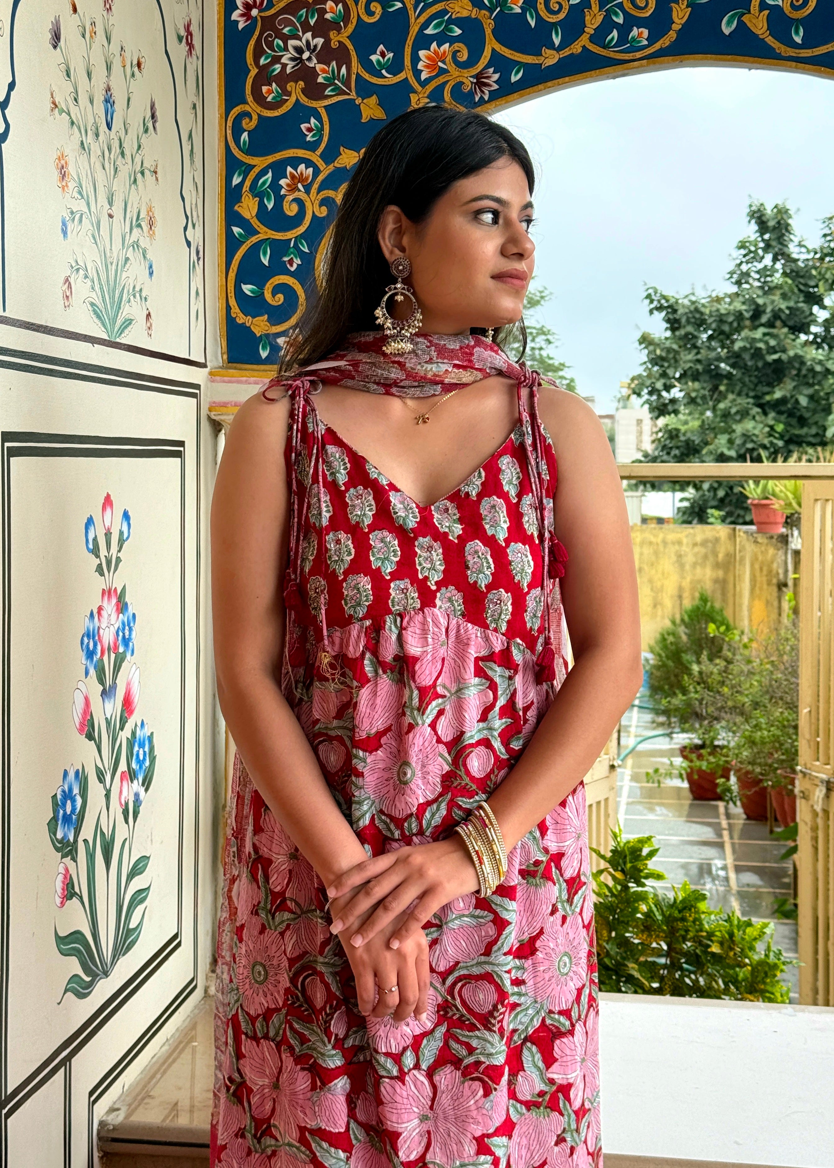 Blood Red Handblock Kurta Set with Timeless Cotton Dupatta