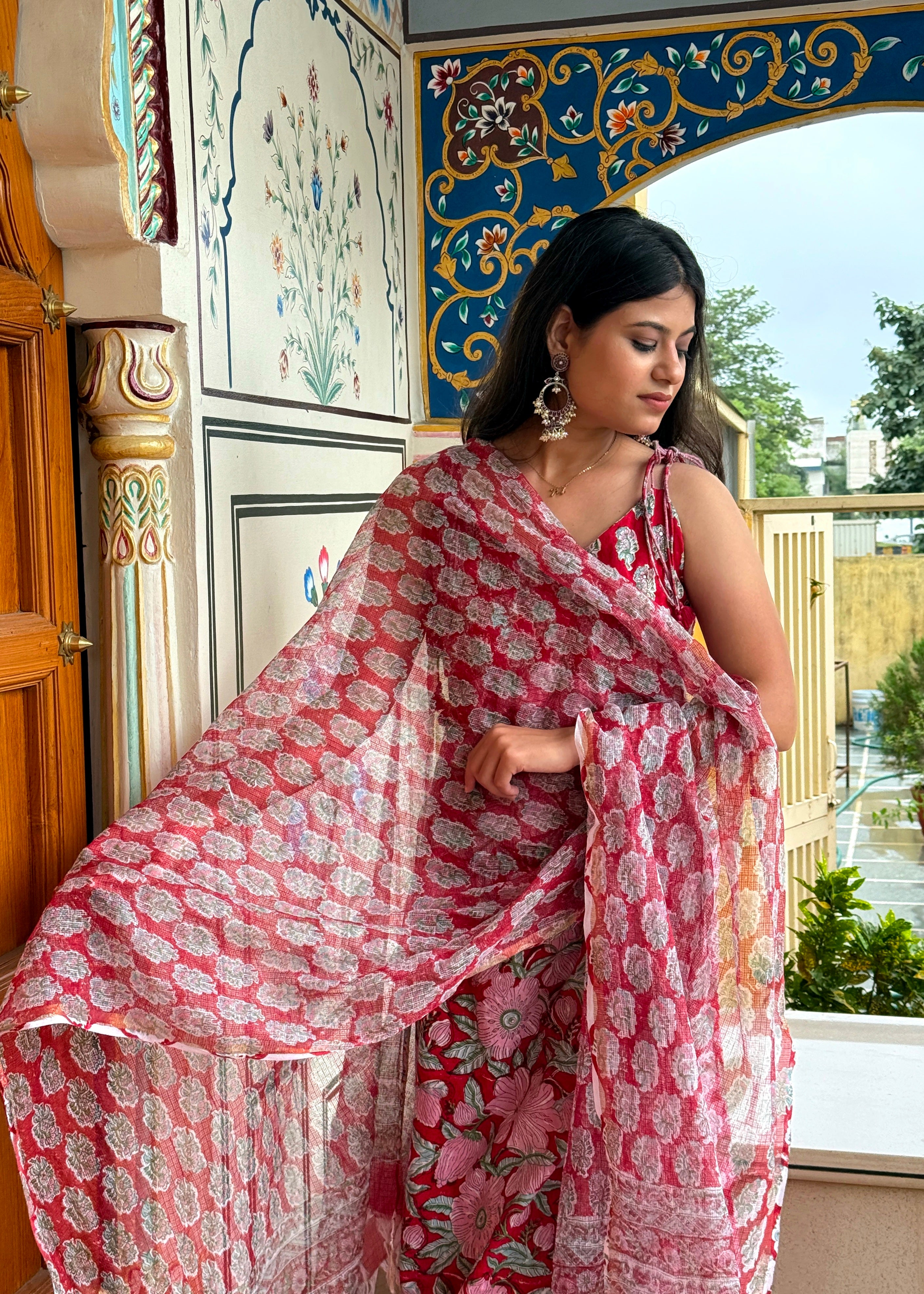 Blood Red Handblock Kurta Set with Timeless Cotton Dupatta