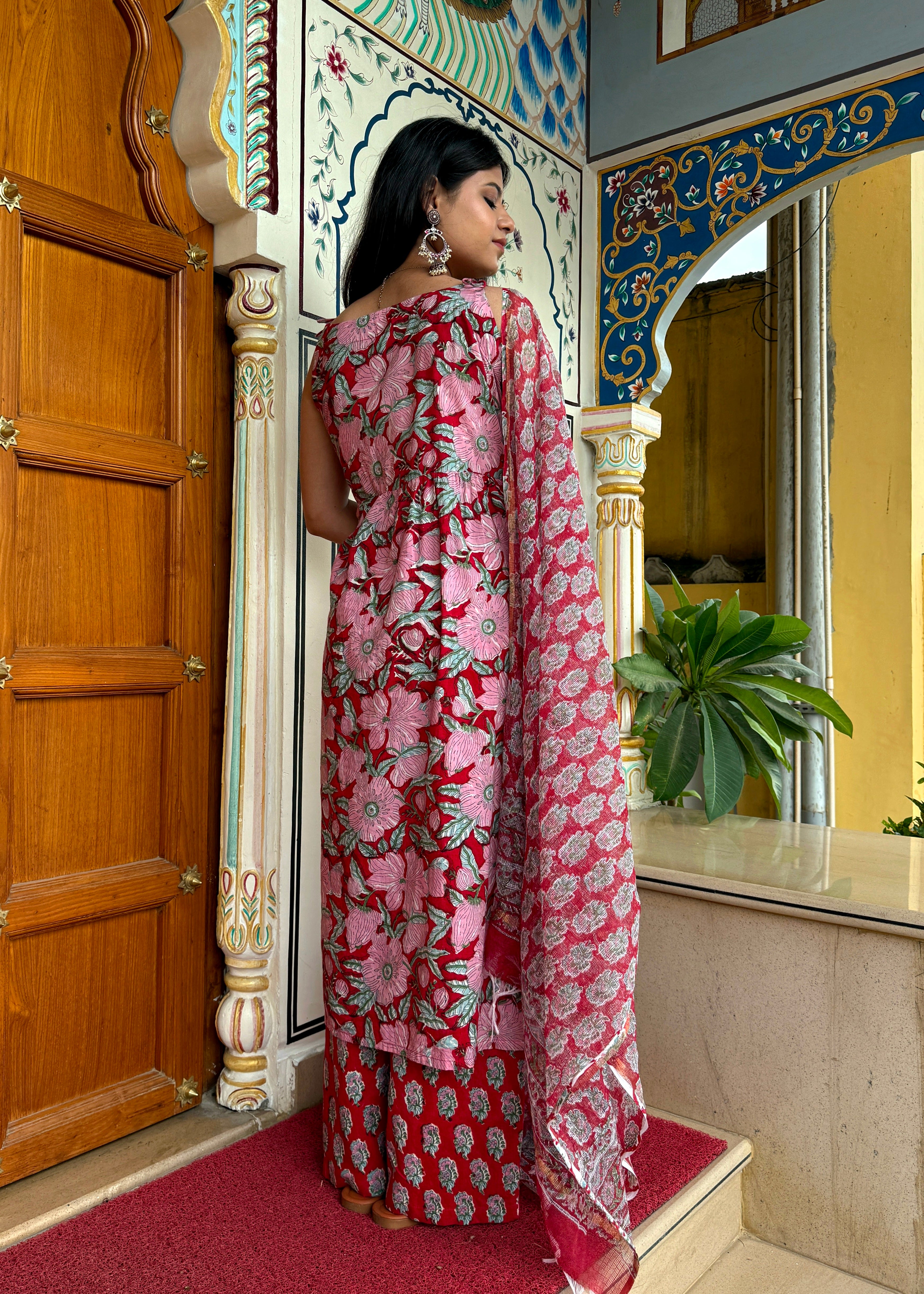 Blood Red Handblock Kurta Set with Timeless Cotton Dupatta