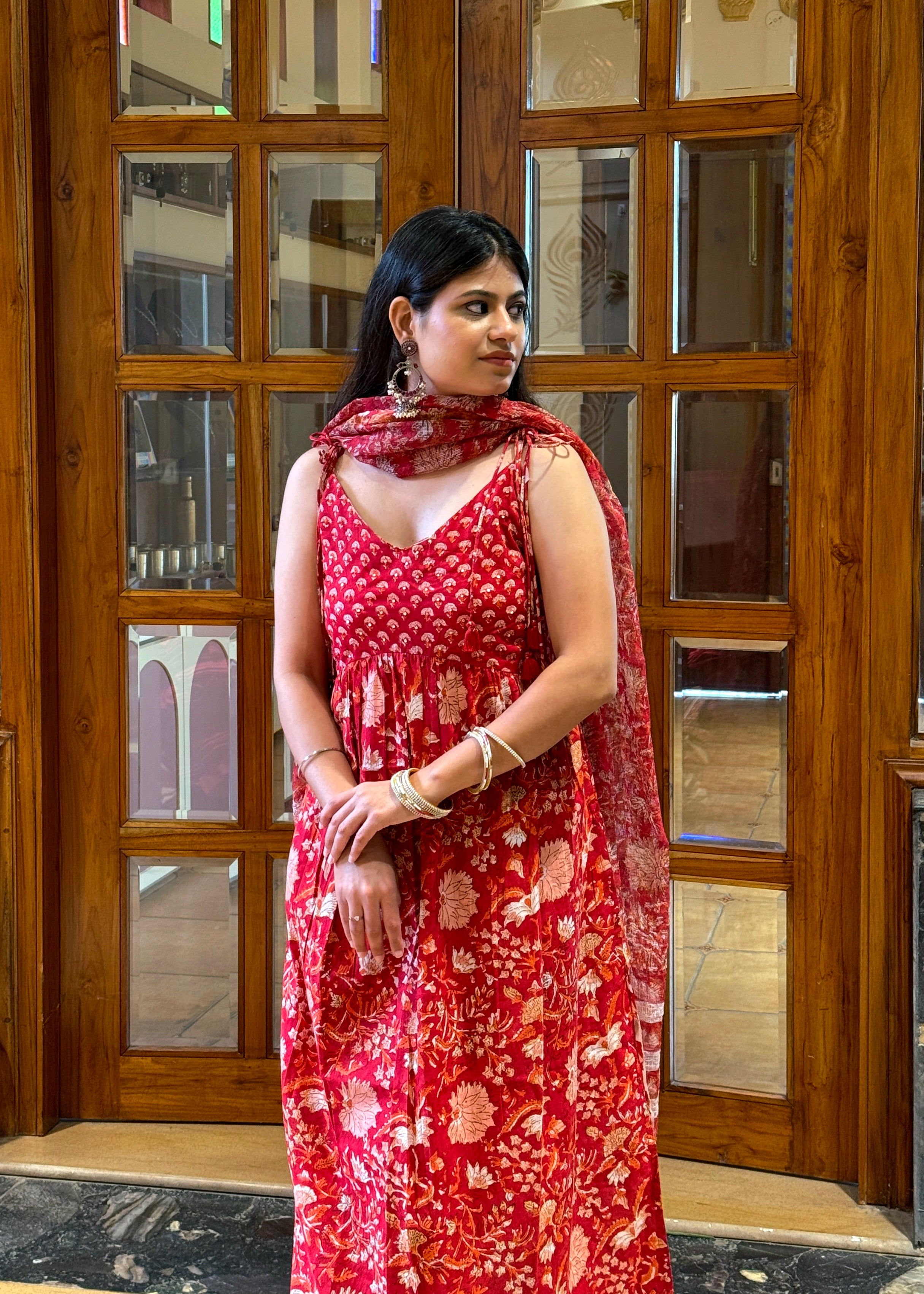 Crimson Handblock Kurta Set with Elegant Cotton Dupatta