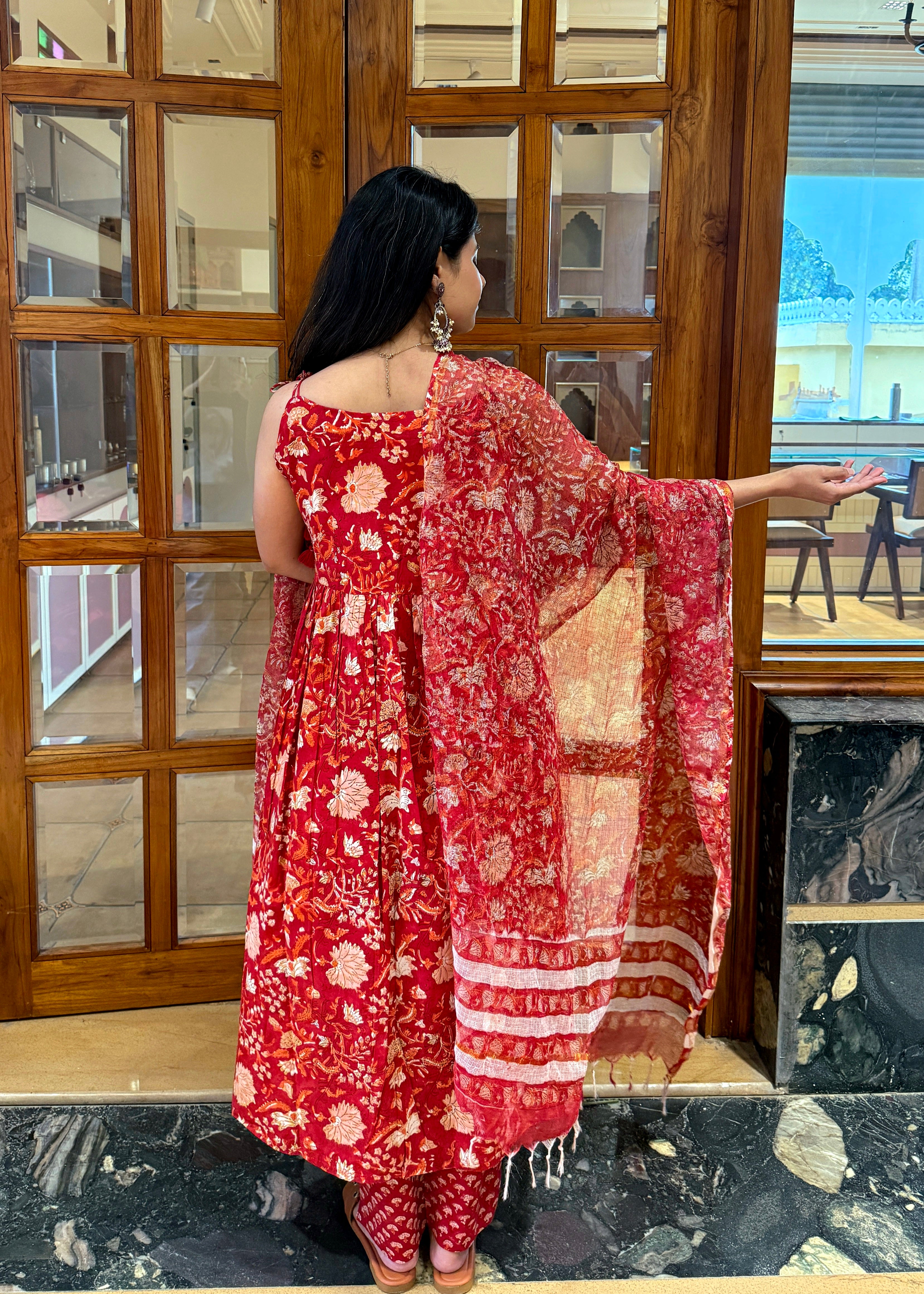 Crimson Handblock Kurta Set with Elegant Cotton Dupatta