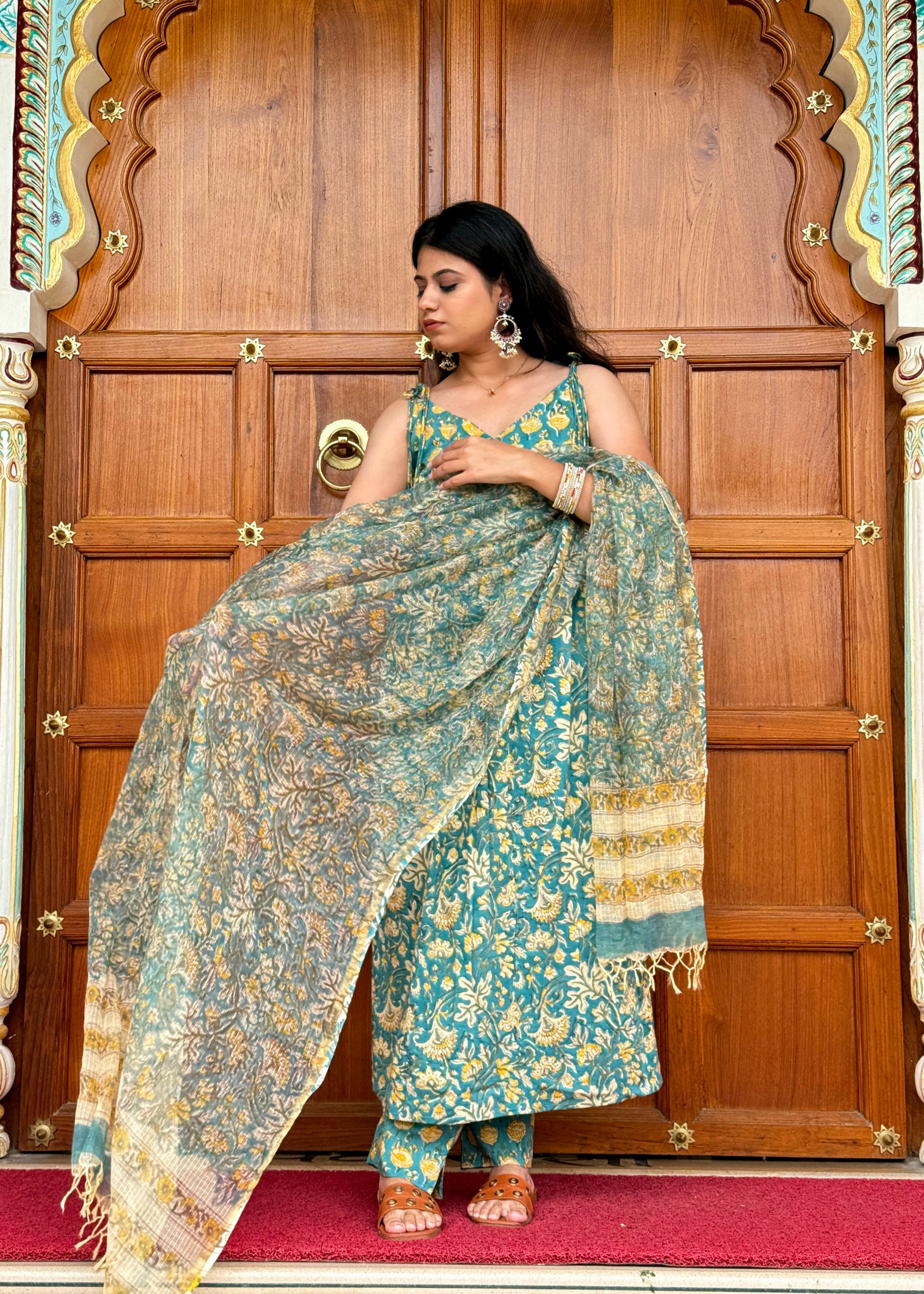 Turquoise Handblock Kurta Set with Graceful Cotton Dupatta