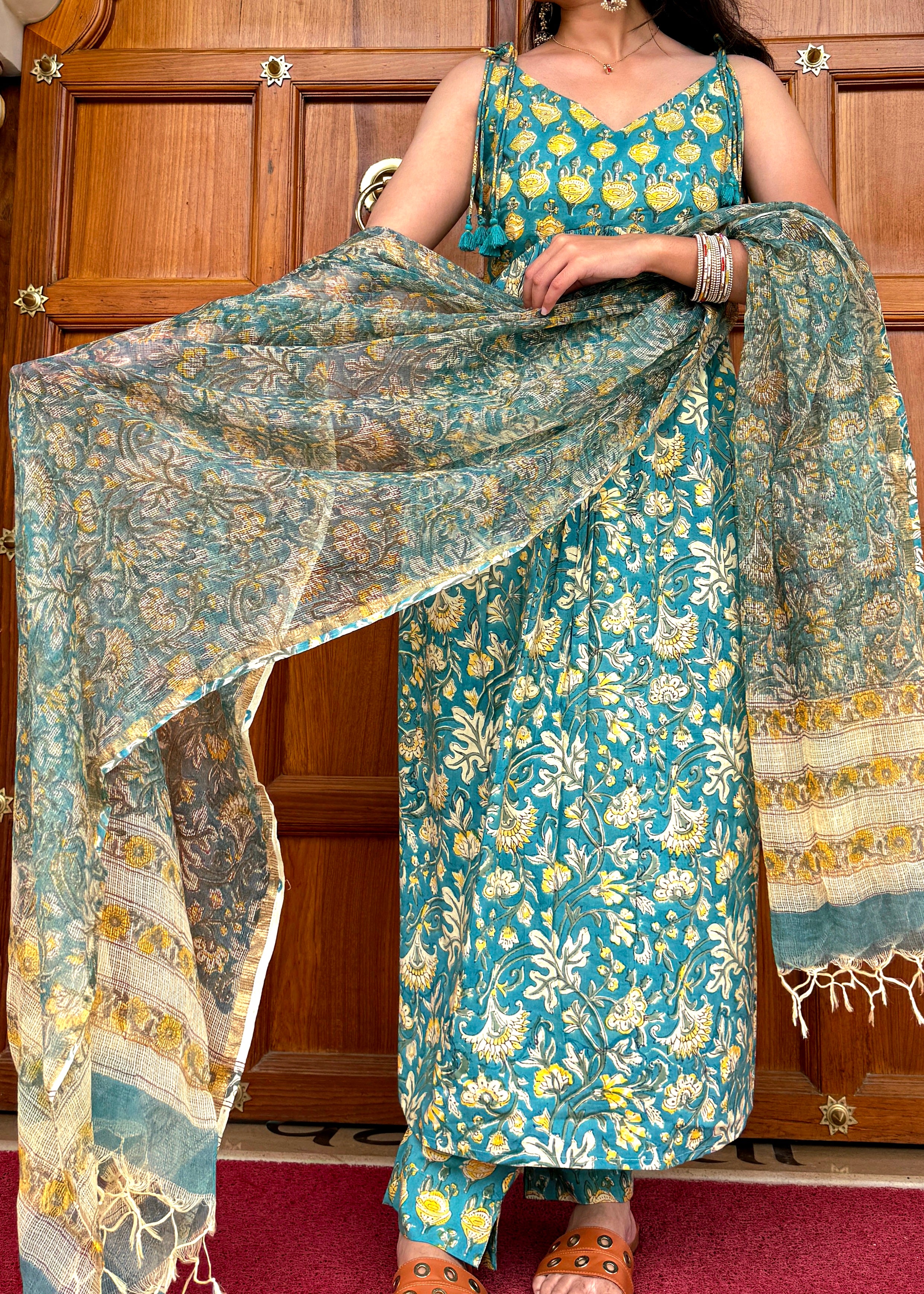 Turquoise Handblock Kurta Set with Graceful Cotton Dupatta