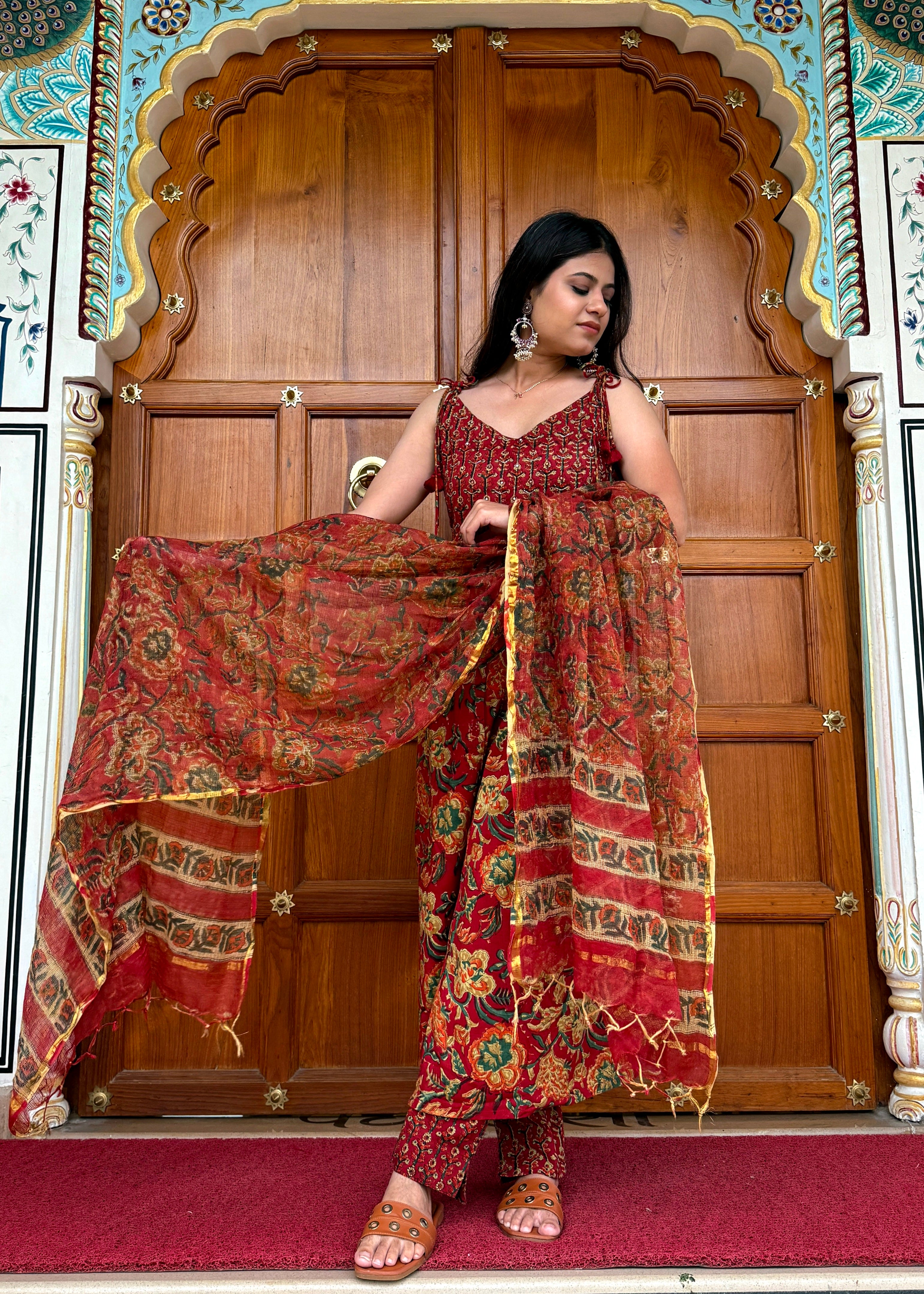 Brick Red Handblock Kurta Set with Classic Cotton Dupatta