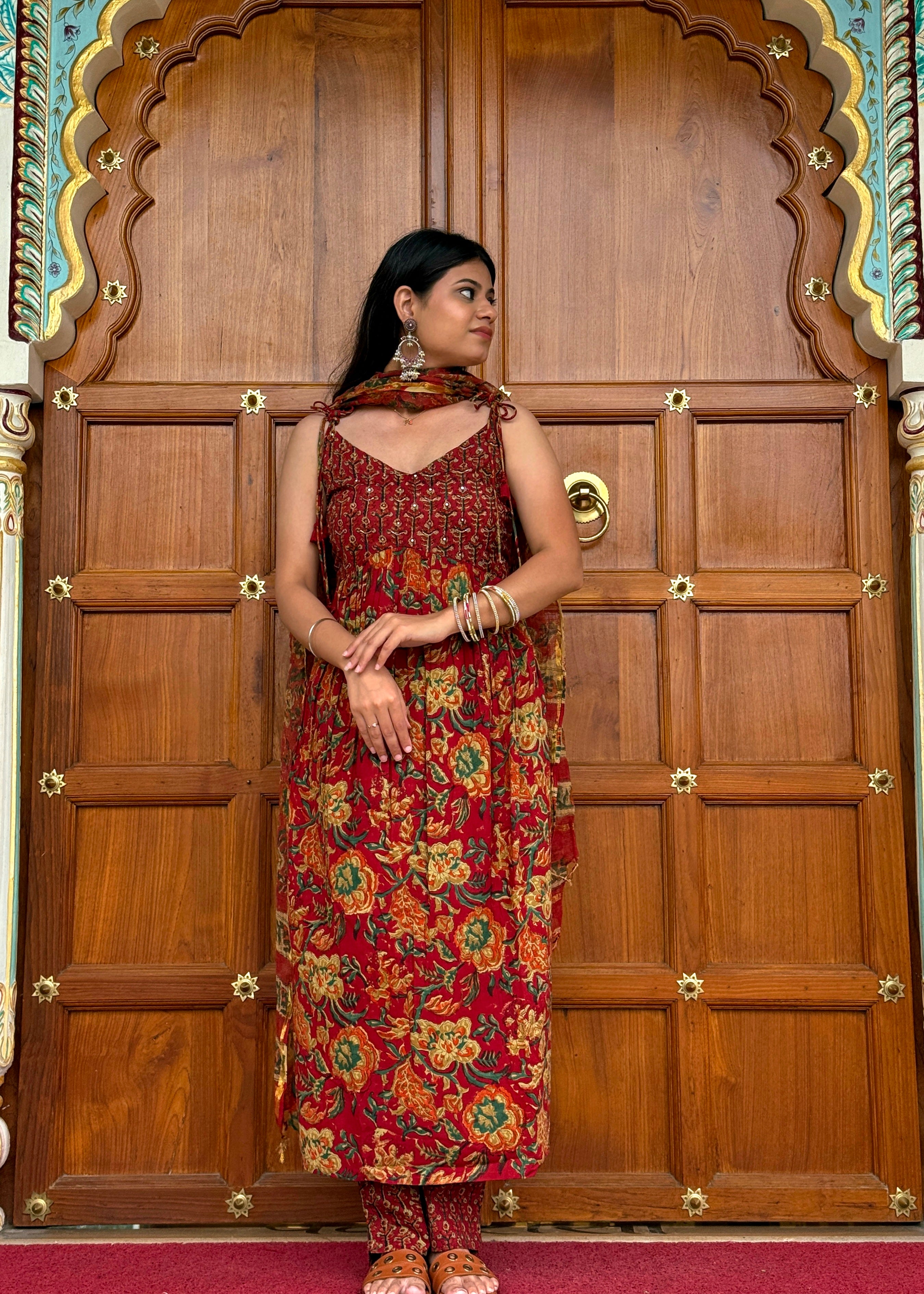 Brick Red Handblock Kurta Set with Classic Cotton Dupatta